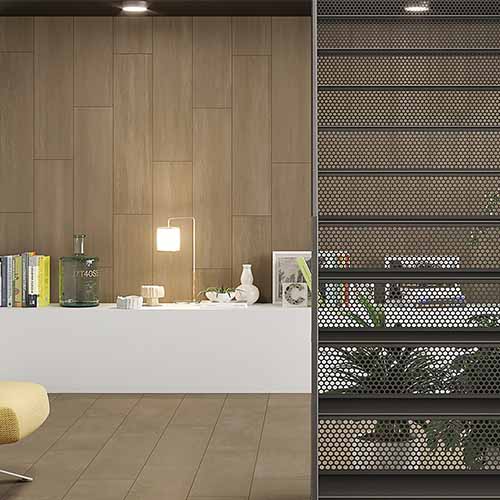 Modulor Grigio WoodLook Tile Plank On Wall